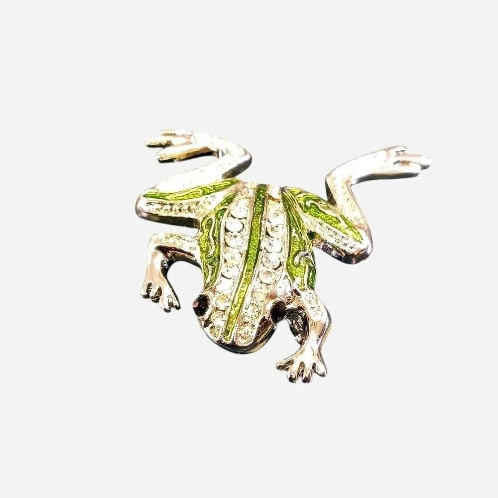 Green Frog Brooch With Silver And Rhinestone Accents